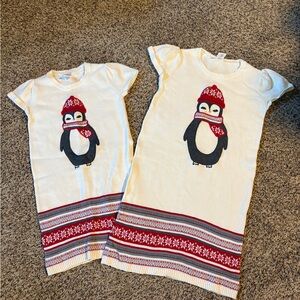 (2) Gymboree Penguin Print Girl's Sweater Dresses - Cream and Red